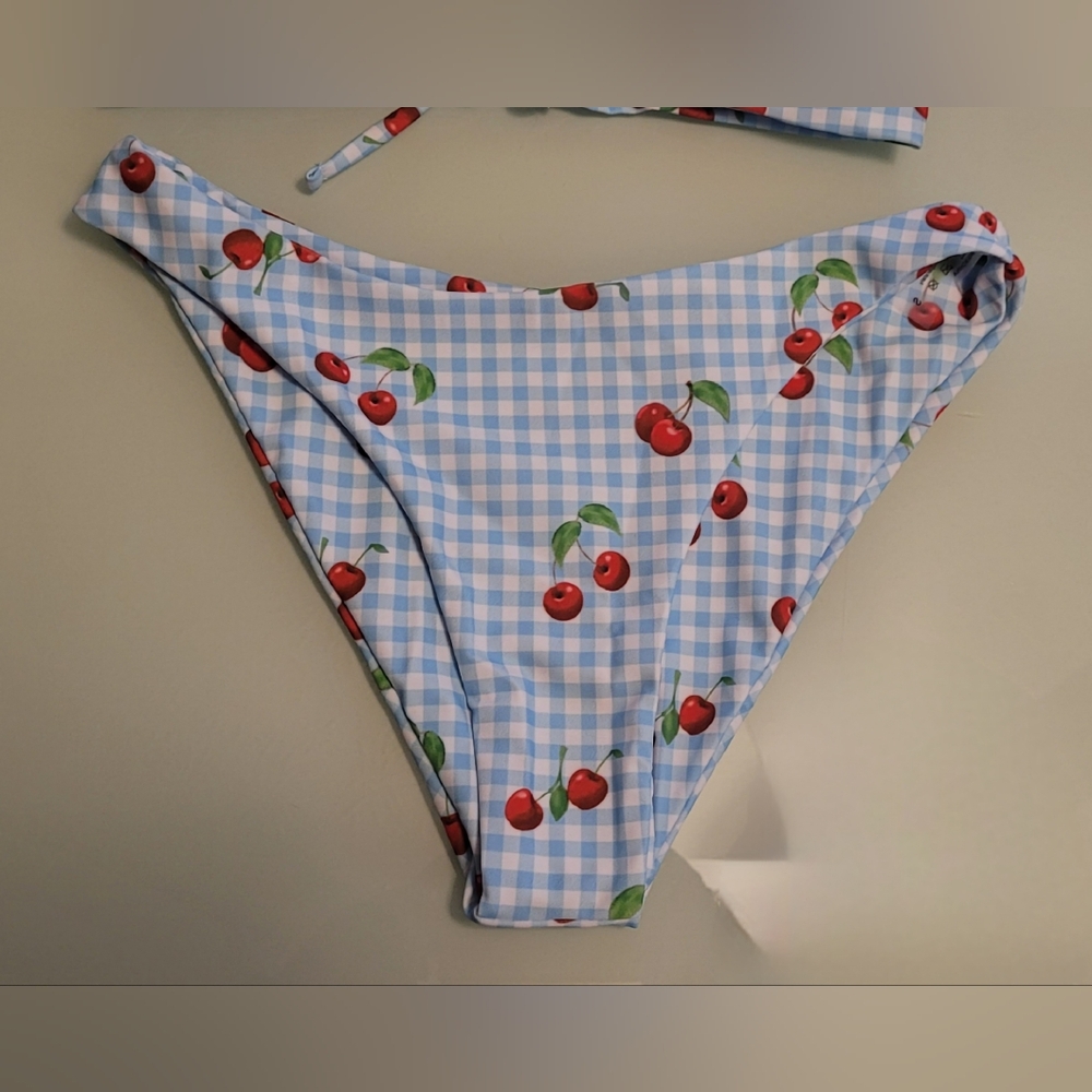 Cherry Print Blue Gingham Bikini Set SIZE SMALL - Picture 3 of 14